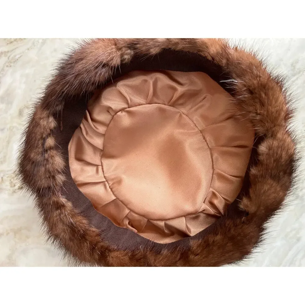 Genuine brown fur pillbox hat mink - Picture 4 of 7